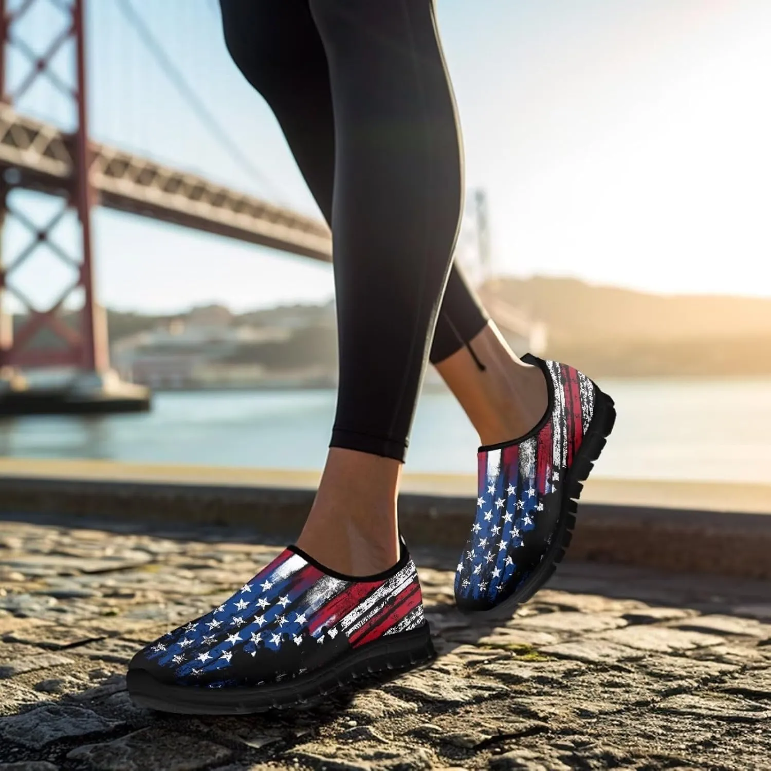 American Flag Walking Shoes for Women Slip On Casual Running Shoes Low Top Mesh Sport Shoes Lightweight Adult Jogging Shoes