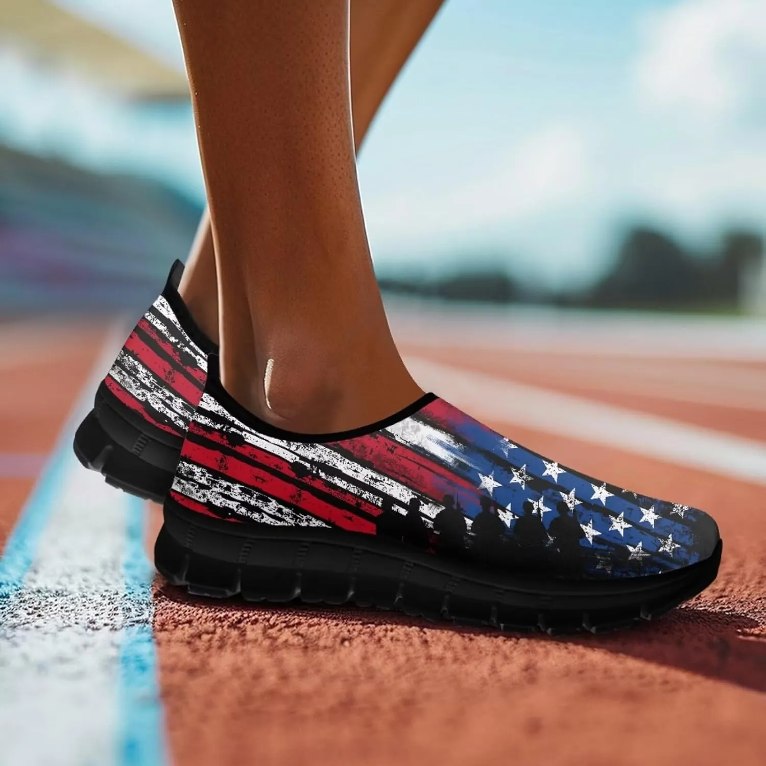 American Flag Walking Shoes for Women Slip On Casual Running Shoes Low Top Mesh Sport Shoes Lightweight Adult Jogging Shoes
