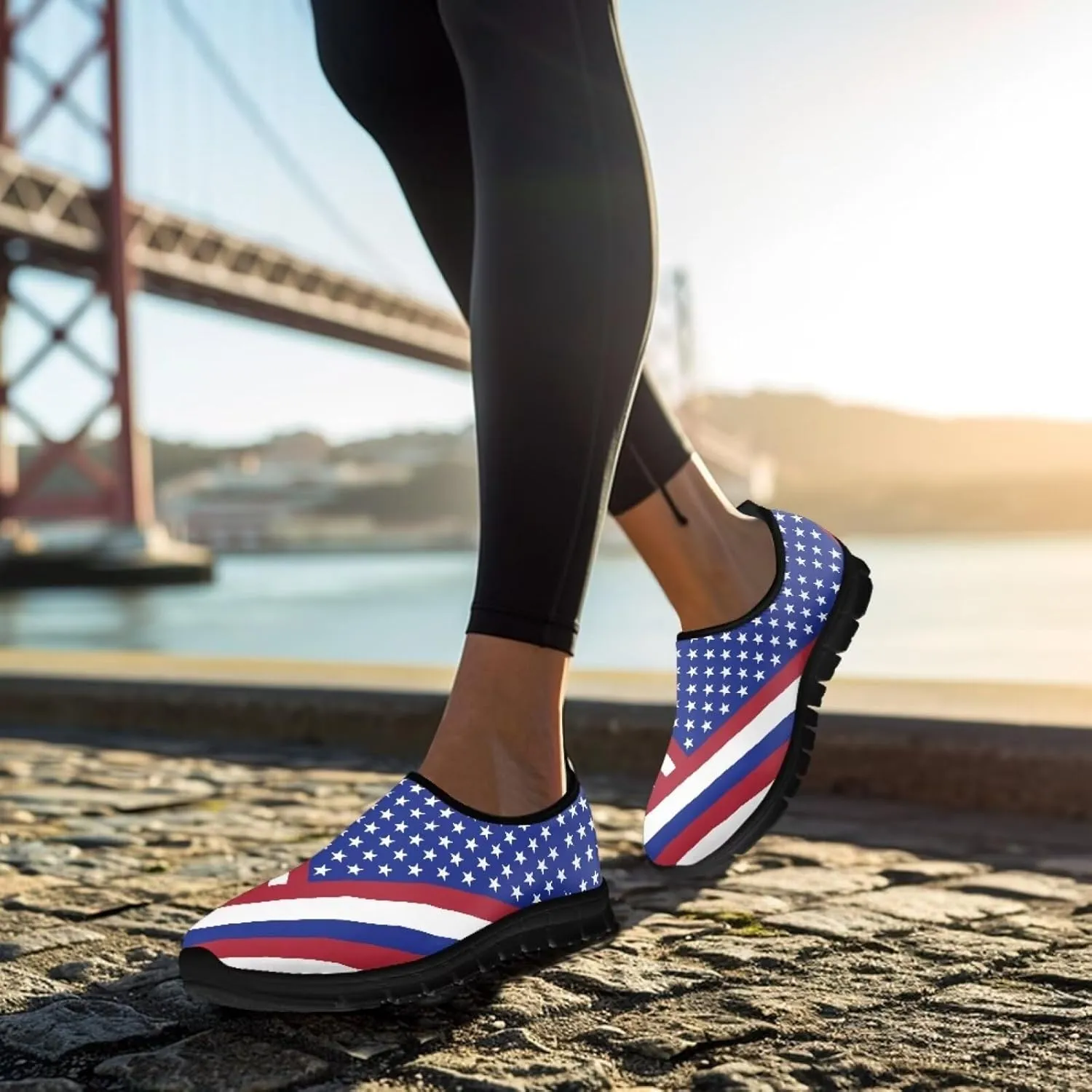 American Flag Walking Shoes for Women Slip On Casual Running Shoes Low Top Mesh Sport Shoes Lightweight Adult Jogging Shoes