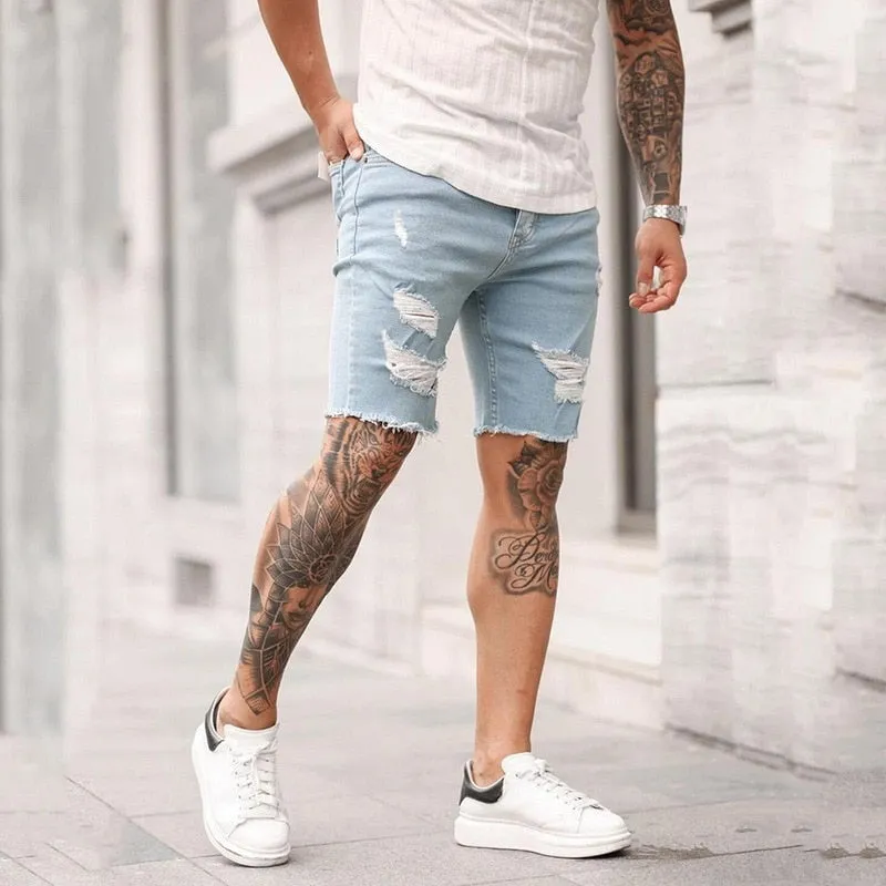 Destroyed Skinny Jeans 2021 Brand New Men Ripped Pant Shorts Jeans Short Pants Frayed Denim Size S-3XL New