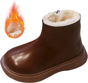 Girl Snow Shoes Plush Lined Side Zipper Ankle Boots Baby Non Slip Walking Shoes Round Toe Leather Flat Hiking Shoes