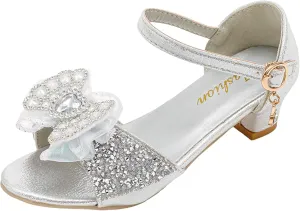 Girls Sandals Rhinestone Bow Shoes Children's High Heels Non Slip Little Girl Shoes Girls Size Sandals for Size 2