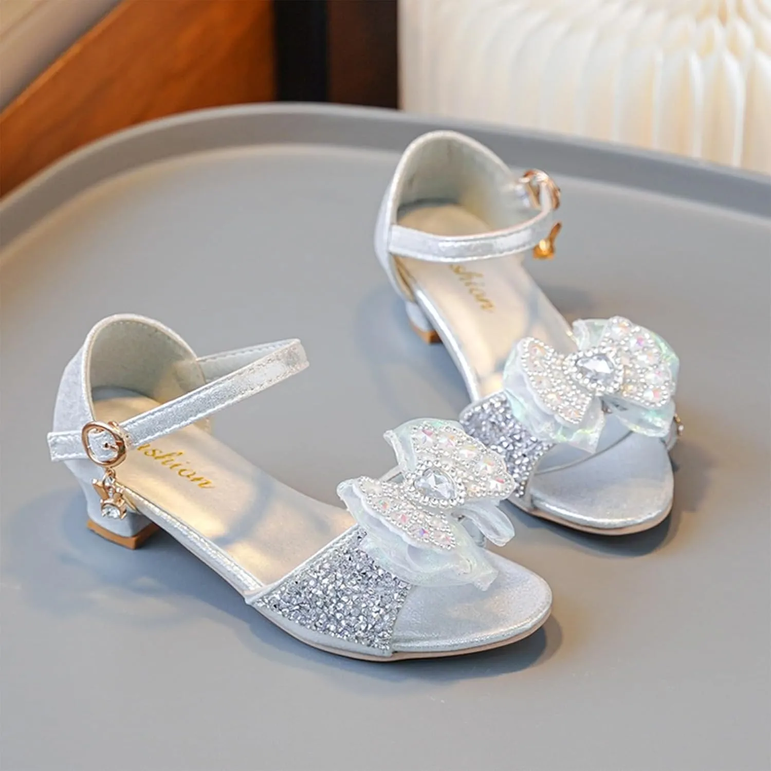 Girls Sandals Rhinestone Bow Shoes Children's High Heels Non Slip Little Girl Shoes Girls Size Sandals for Size 2