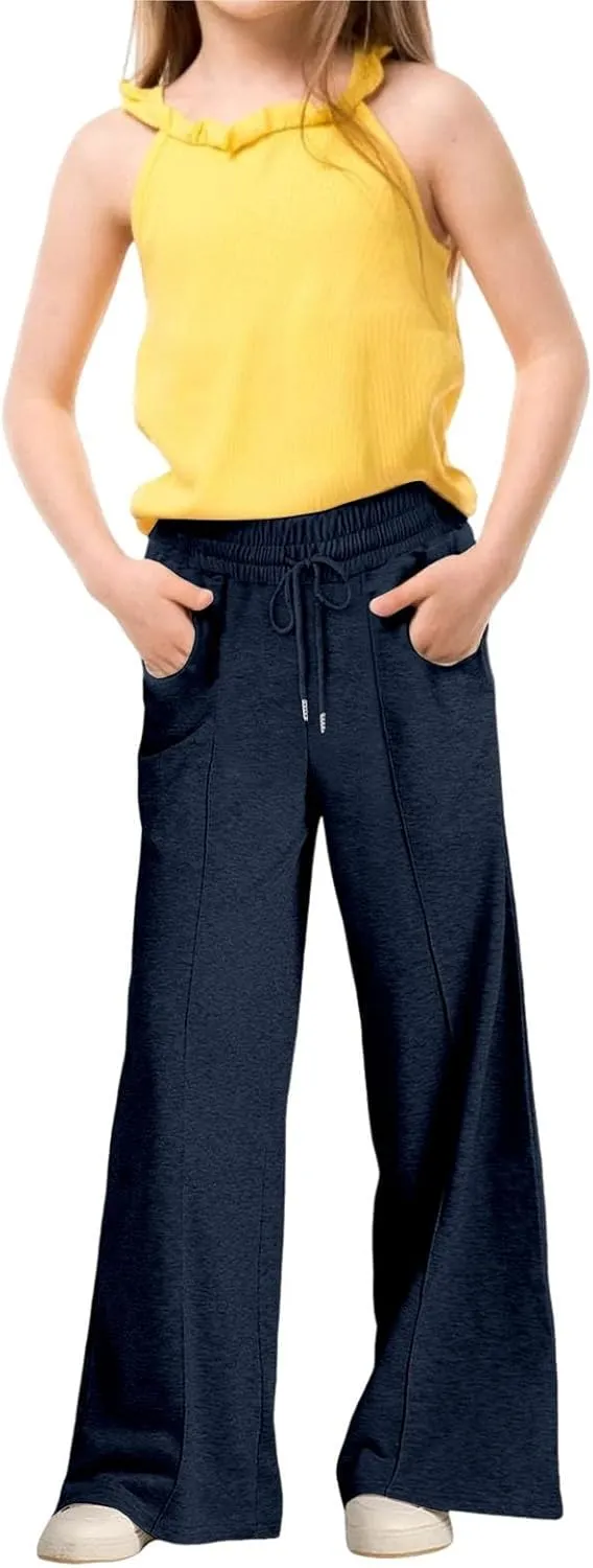 Girls Wide Leg Baggy Sweatpants Oversized Drawstring Kids Straight Leg Track Pants Cute Casual for Teen Plain with Pockets
