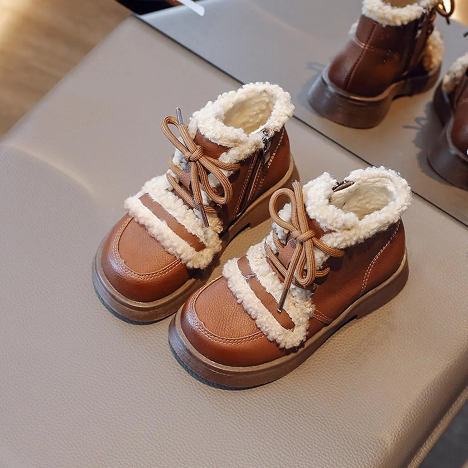 Girls Winter Water Proof Plush Booties Lace-up Non-Slip Platform Soft Sole Thick Faux Fr Tall Little Kid Winter Boot