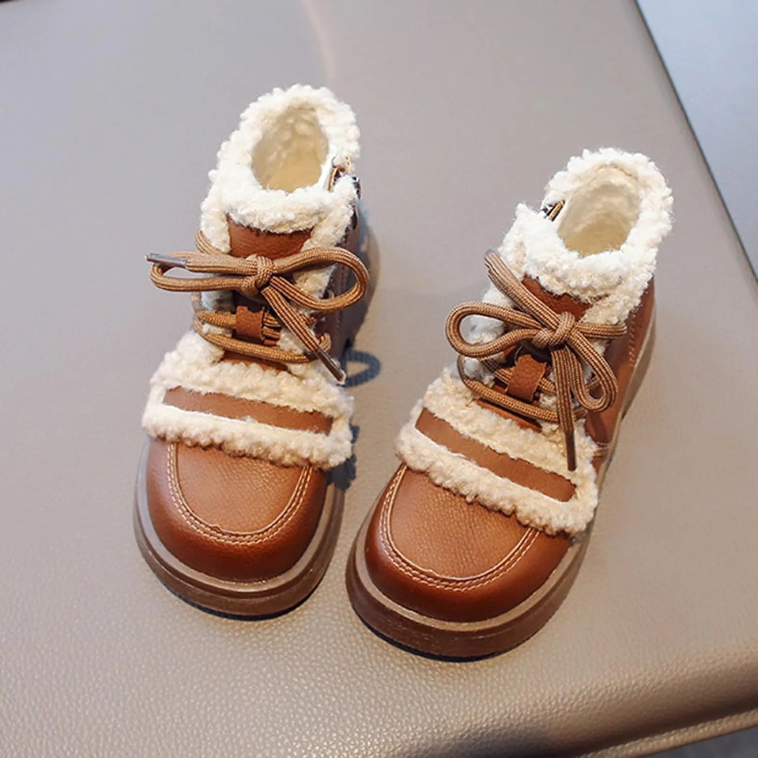 Girls Winter Water Proof Plush Booties Lace-up Non-Slip Platform Soft Sole Thick Faux Fr Tall Little Kid Winter Boot