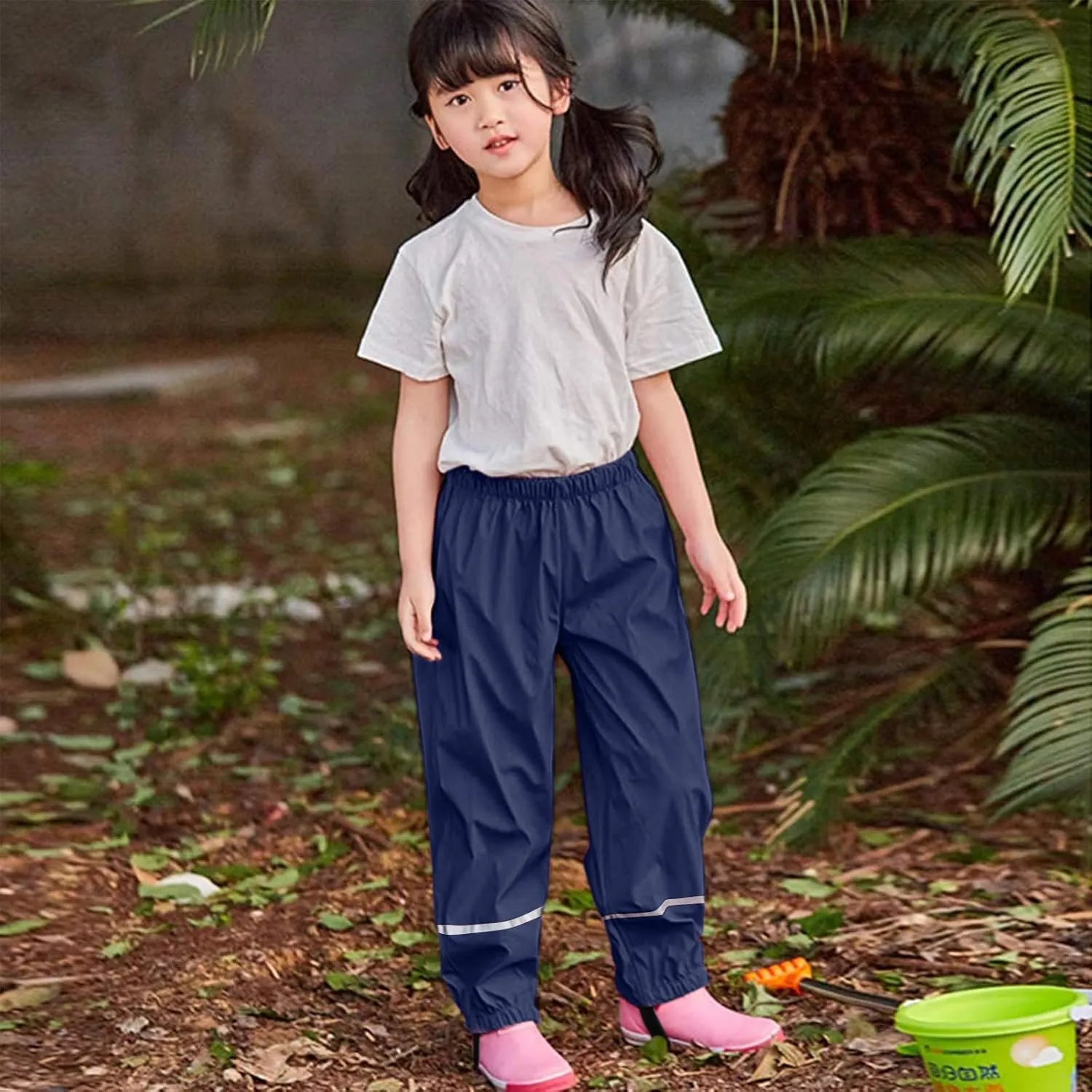Kids Solid Rain Pants Waterproof Insulated Mud Dirty Proof Elastic Waist Trousers Boys Girls Lightweight Raincoat