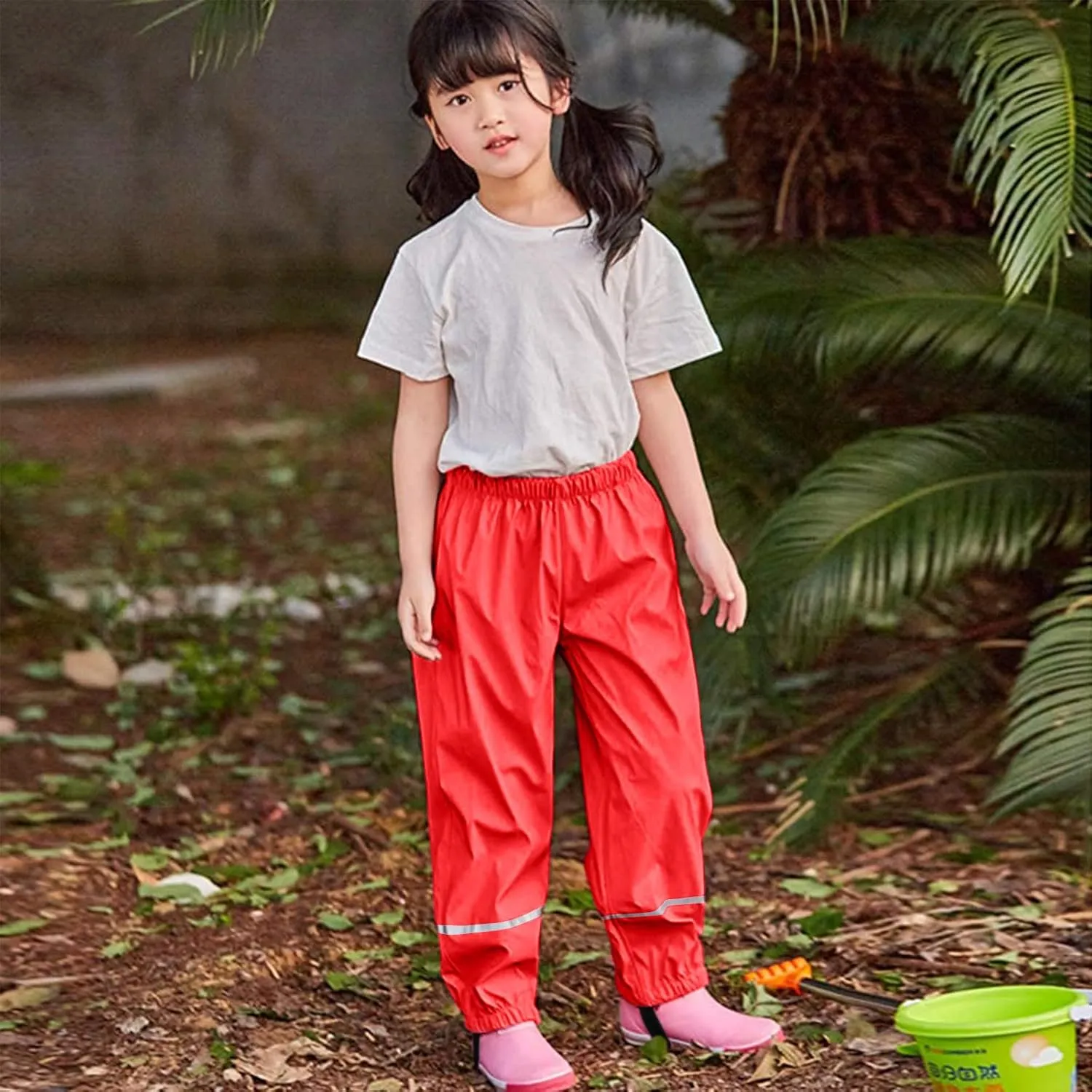 Kids Solid Rain Pants Waterproof Insulated Mud Dirty Proof Elastic Waist Trousers Boys Girls Lightweight Raincoat