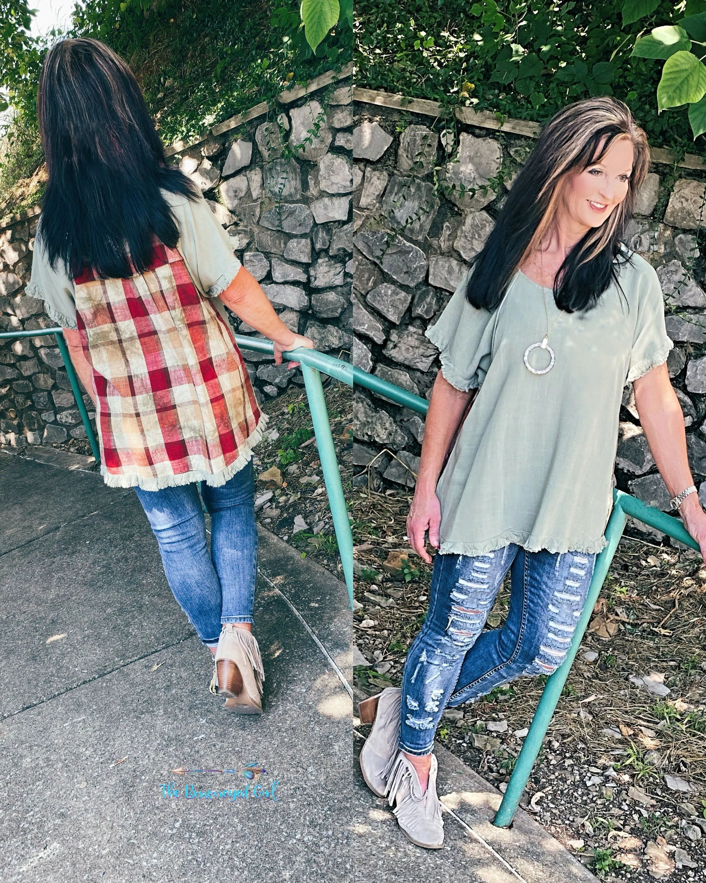 Plaid My Back Sage Frayed Hem Top