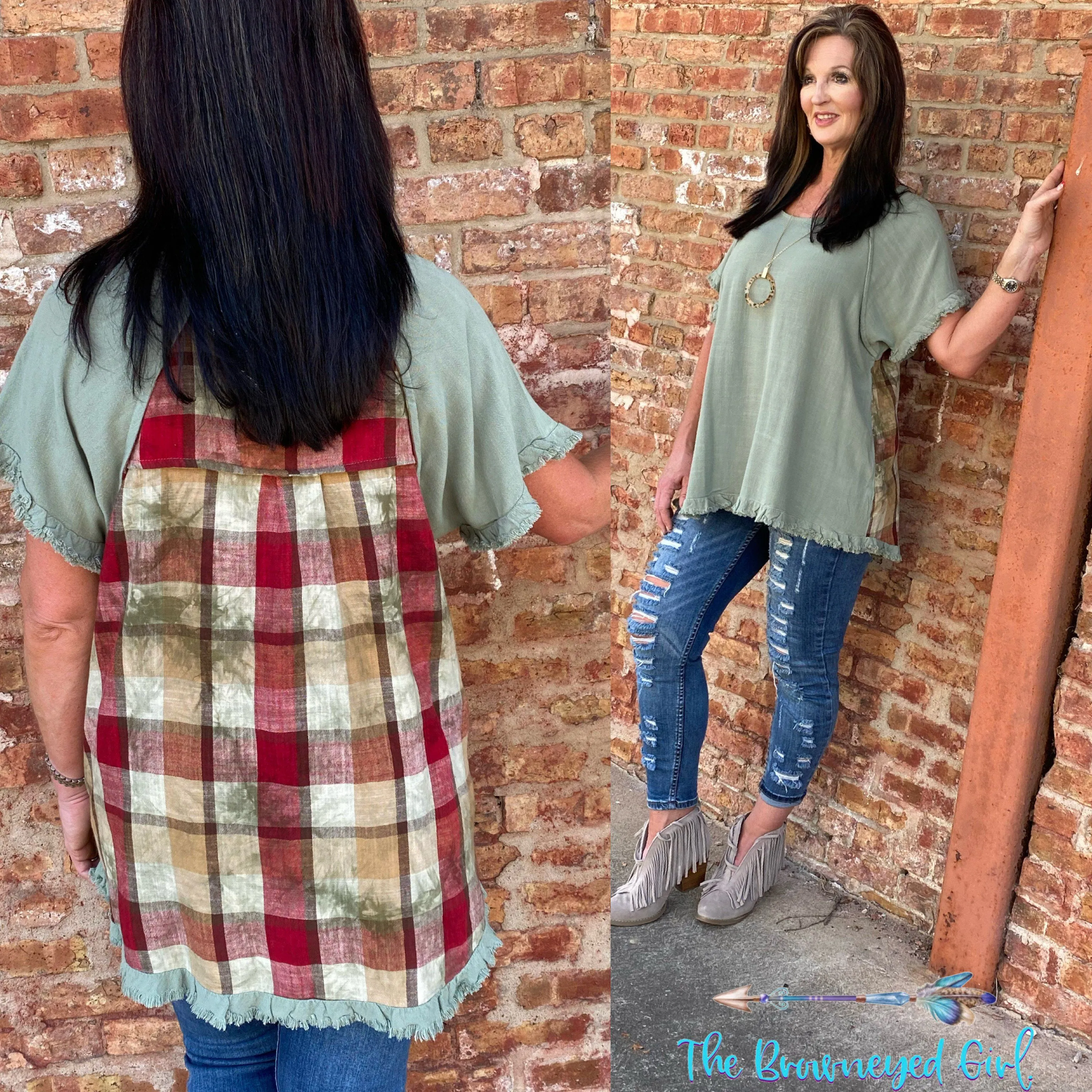 Plaid My Back Sage Frayed Hem Top