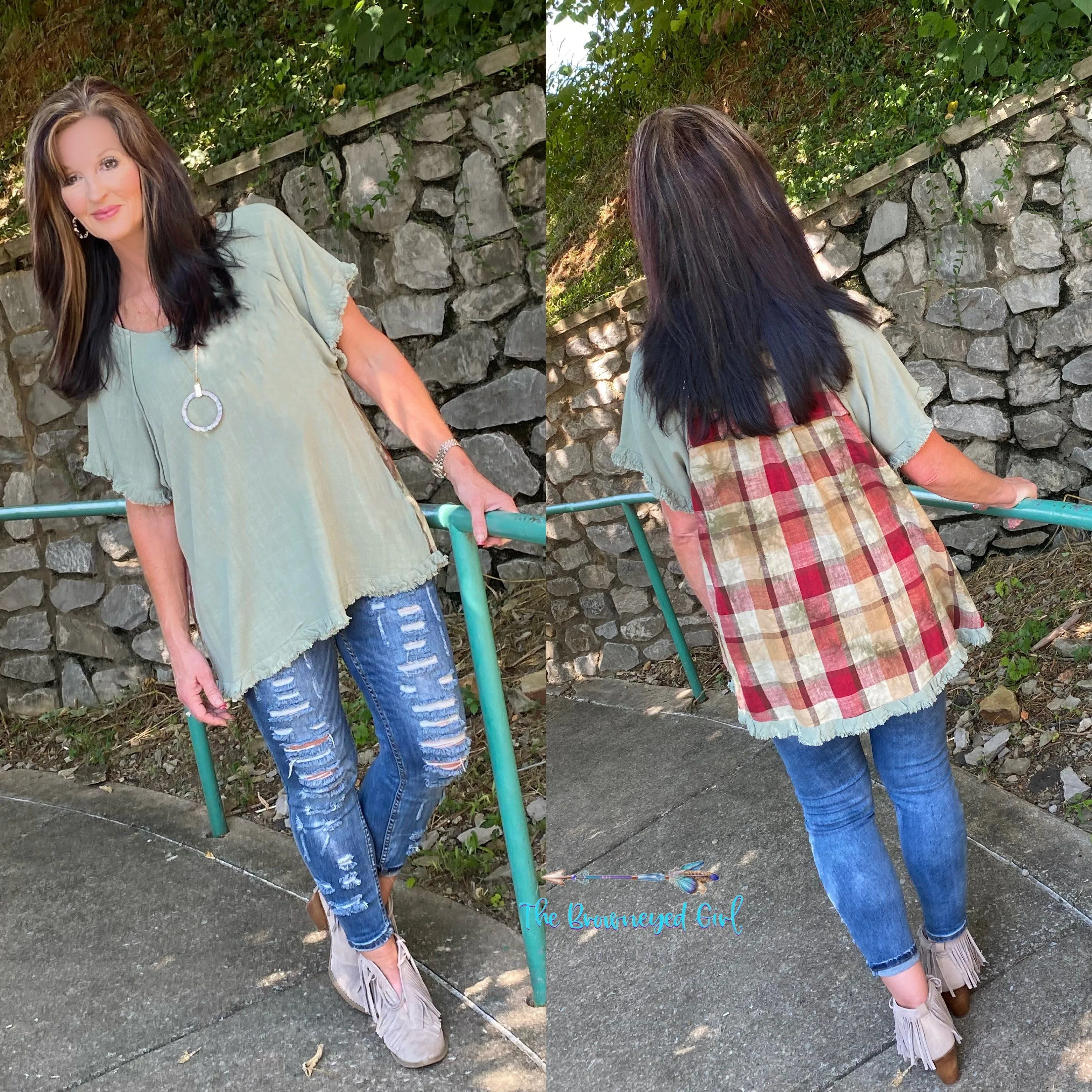 Plaid My Back Sage Frayed Hem Top