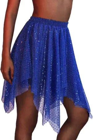 Sequin Belly Dance Skirt Rave Costume Sparkly Hip Skirts Festival Performance Dance Short Wrap Skirt for Women and Girls (Dark Blue)