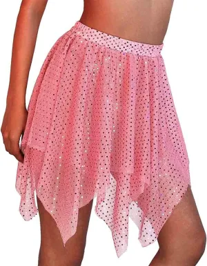 Sequin Belly Dance Skirt Rave Costume Sparkly Hip Skirts Festival Performance Dance Short Wrap Skirt for Women and Girls (Pink) 25 Regular