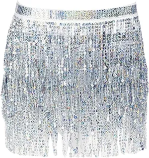 Sequin Tassel Dance Skirt Glitter Belly Dance Skirt Shiny Belly Dance Hip Scarf Sparkly Belly Dancing Skirt for Women Girls Silver