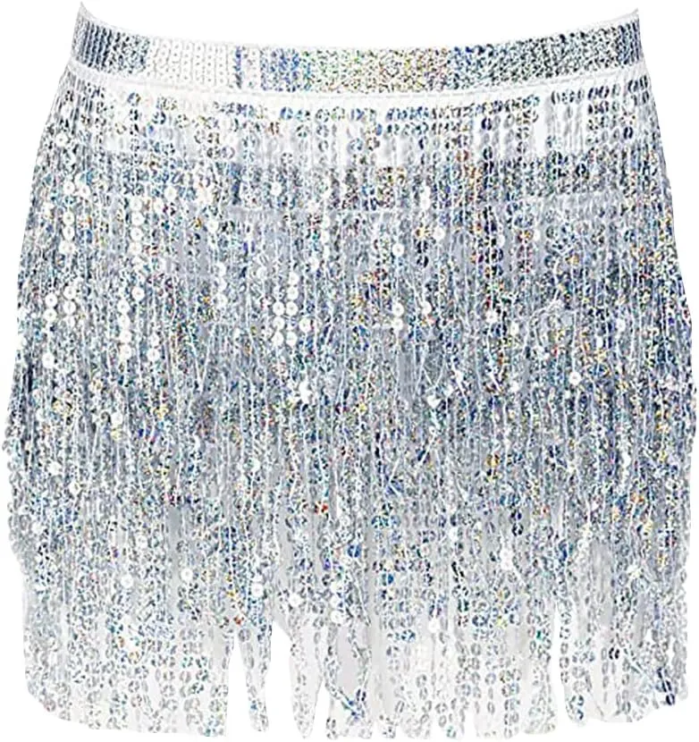 Sequin Tassel Dance Skirt Glitter Belly Dance Skirt Shiny Belly Dance Hip Scarf Sparkly Belly Dancing Skirt for Women Girls Silver