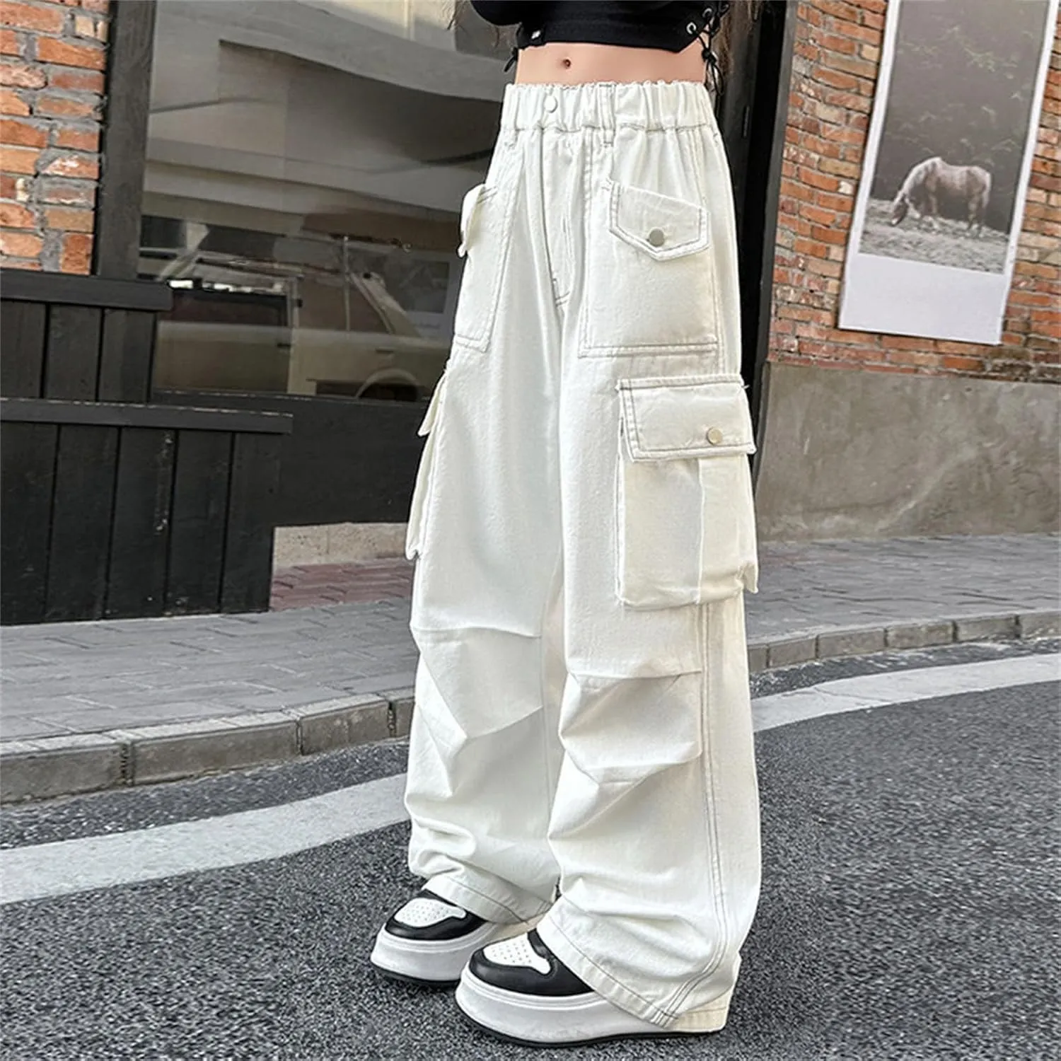 Teen Girls Cargo Long Pants Baggy High Waist Elastic Cargo Trousers with Pockets Kids Girls School Casual Straight Pants