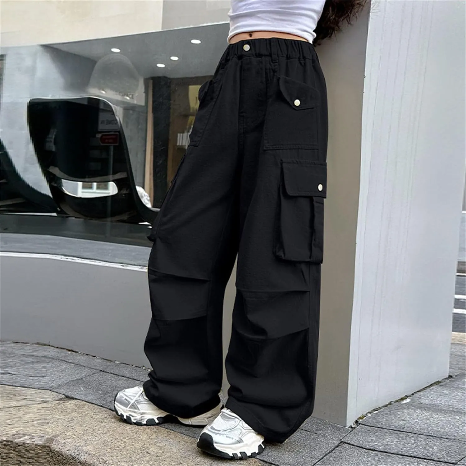 Teen Girls Cargo Long Pants Baggy High Waist Elastic Cargo Trousers with Pockets Kids Girls School Casual Straight Pants