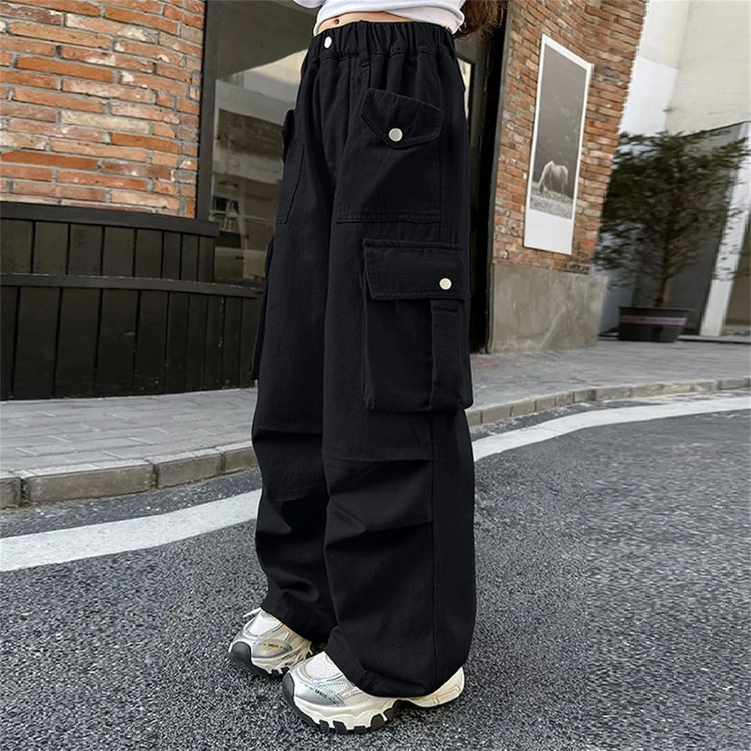 Teen Girls Cargo Long Pants Baggy High Waist Elastic Cargo Trousers with Pockets Kids Girls School Casual Straight Pants