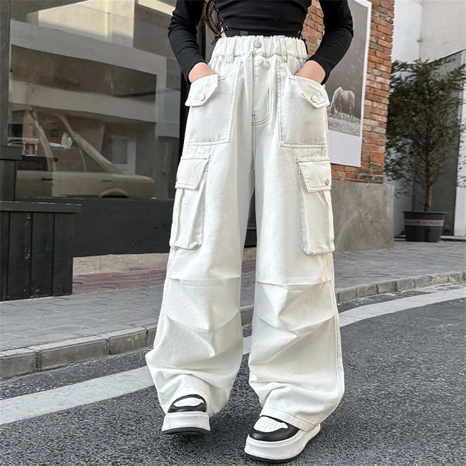 Teen Girls Cargo Long Pants Baggy High Waist Elastic Cargo Trousers with Pockets Kids Girls School Casual Straight Pants