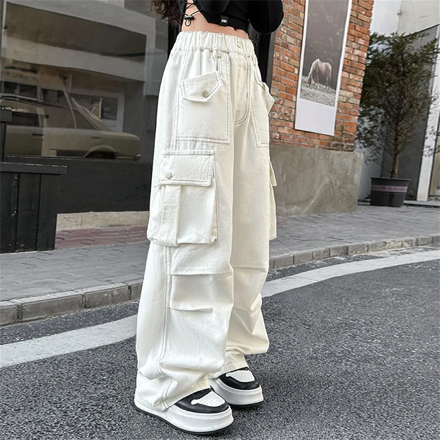 Teen Girls Cargo Long Pants Baggy High Waist Elastic Cargo Trousers with Pockets Kids Girls School Casual Straight Pants
