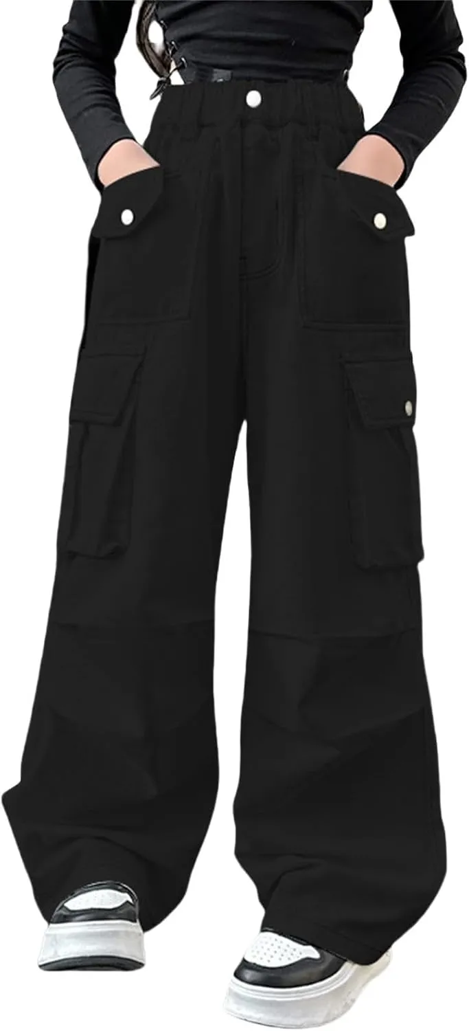 Teen Girls Cargo Long Pants Baggy High Waist Elastic Cargo Trousers with Pockets Kids Girls School Casual Straight Pants