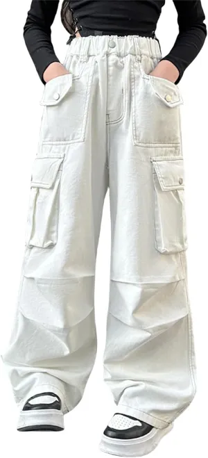 Teen Girls Cargo Long Pants Baggy High Waist Elastic Cargo Trousers with Pockets Kids Girls School Casual Straight Pants
