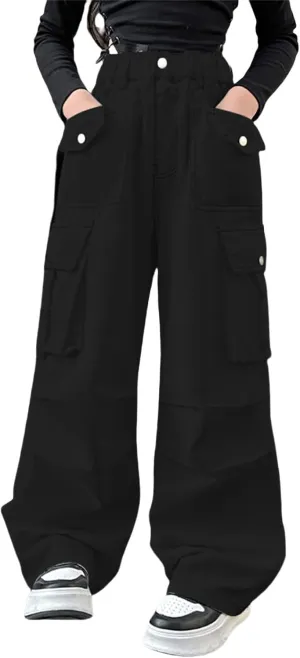 Teen Girls Cargo Long Pants Baggy High Waist Elastic Cargo Trousers with Pockets Kids Girls School Casual Straight Pants