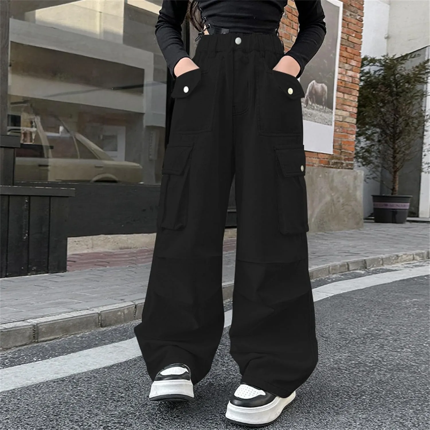 Teen Girls Cargo Long Pants Baggy High Waist Elastic Cargo Trousers with Pockets Kids Girls School Casual Straight Pants