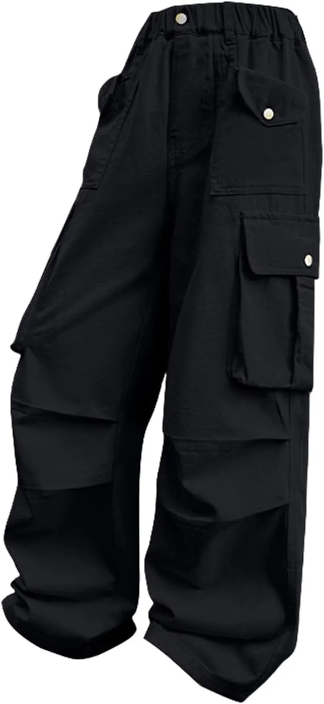 Teen Girls Cargo Long Pants Baggy High Waist Elastic Cargo Trousers with Pockets Kids Girls School Casual Straight Pants