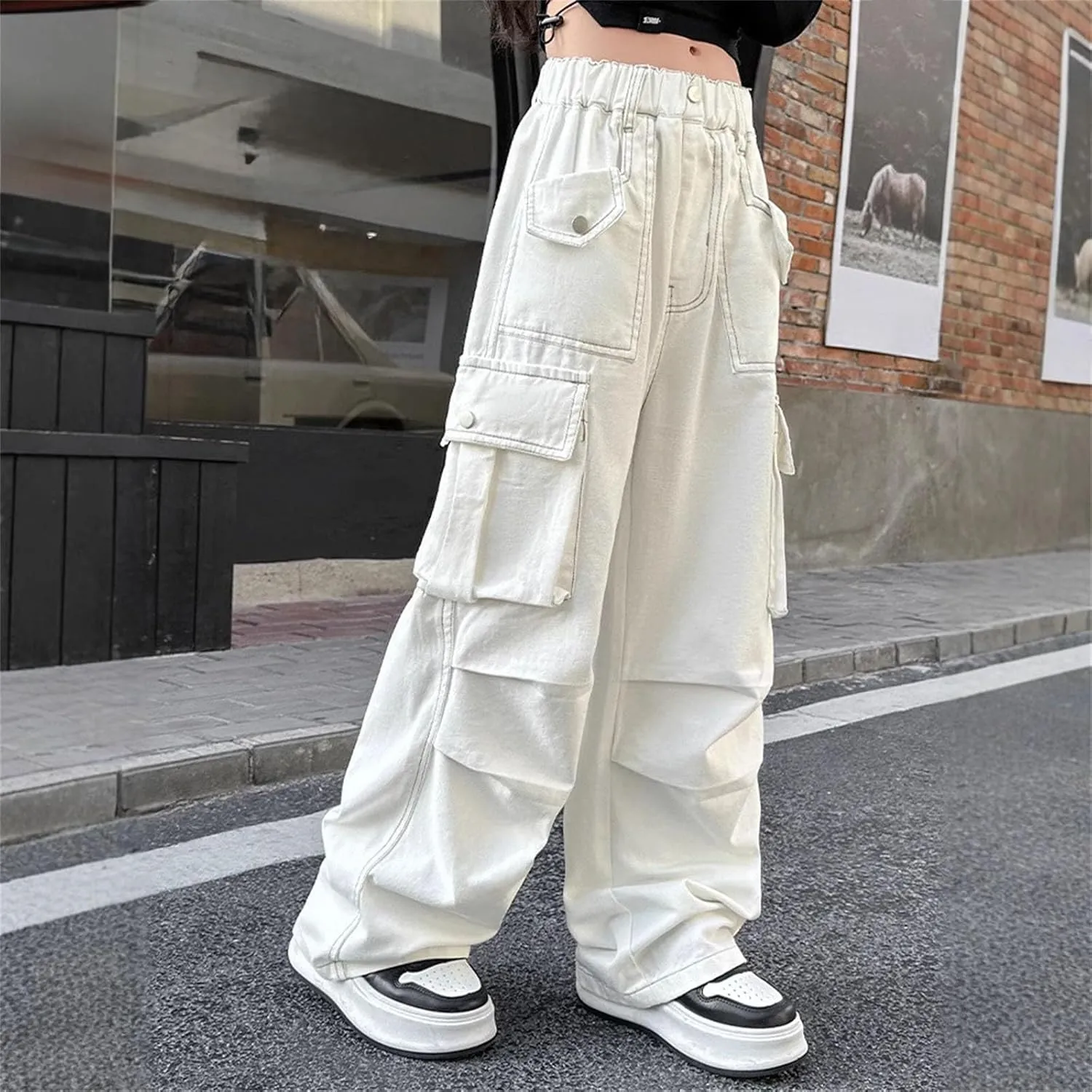 Teen Girls Cargo Long Pants Baggy High Waist Elastic Cargo Trousers with Pockets Kids Girls School Casual Straight Pants