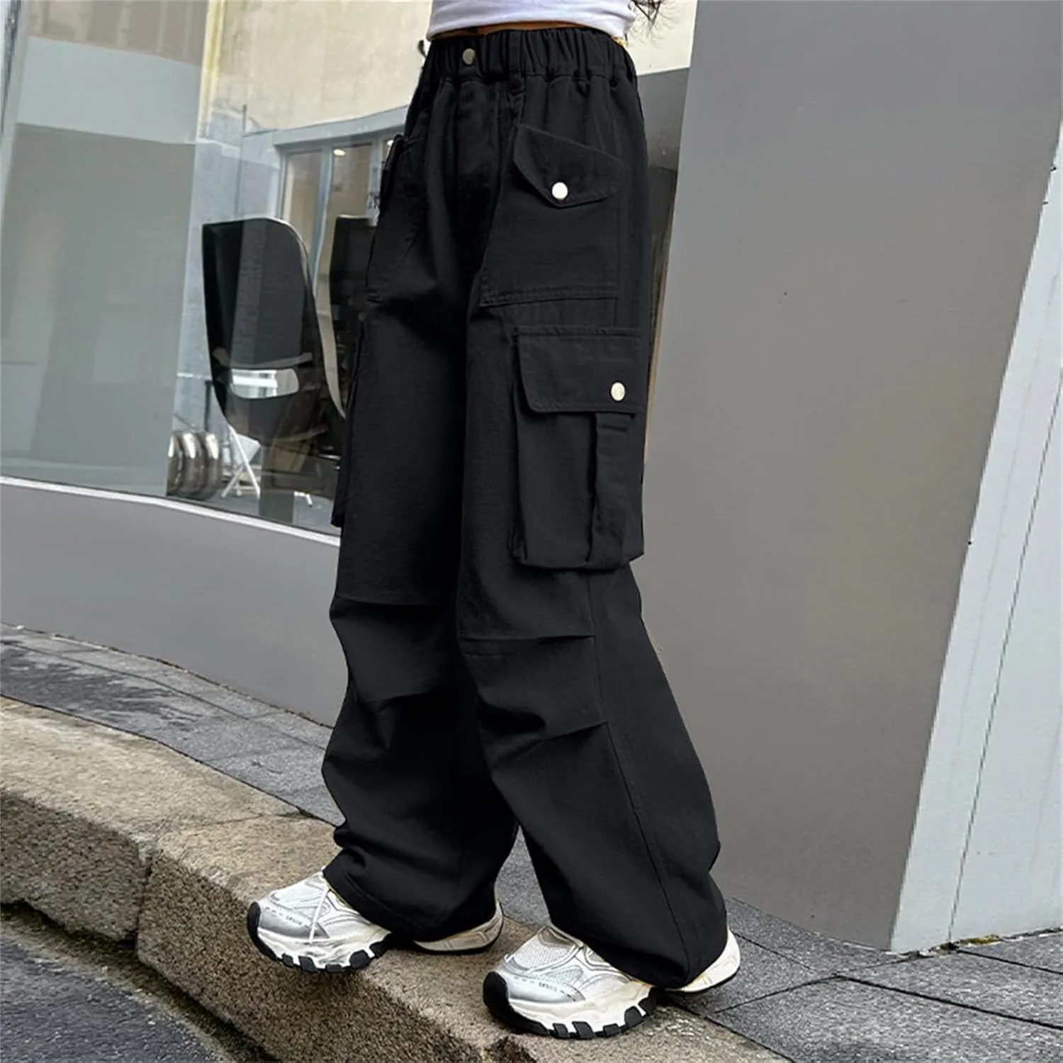 Teen Girls Cargo Long Pants Baggy High Waist Elastic Cargo Trousers with Pockets Kids Girls School Casual Straight Pants
