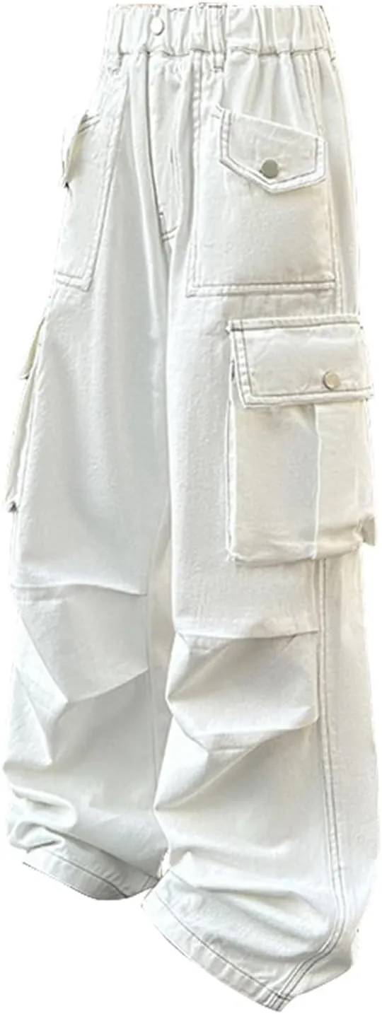 Teen Girls Cargo Long Pants Baggy High Waist Elastic Cargo Trousers with Pockets Kids Girls School Casual Straight Pants