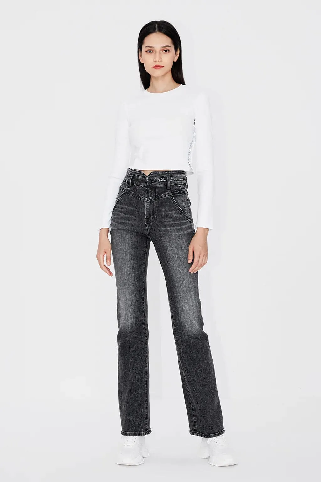 V Shape Waist Embroidered Slight Flared Jeans
