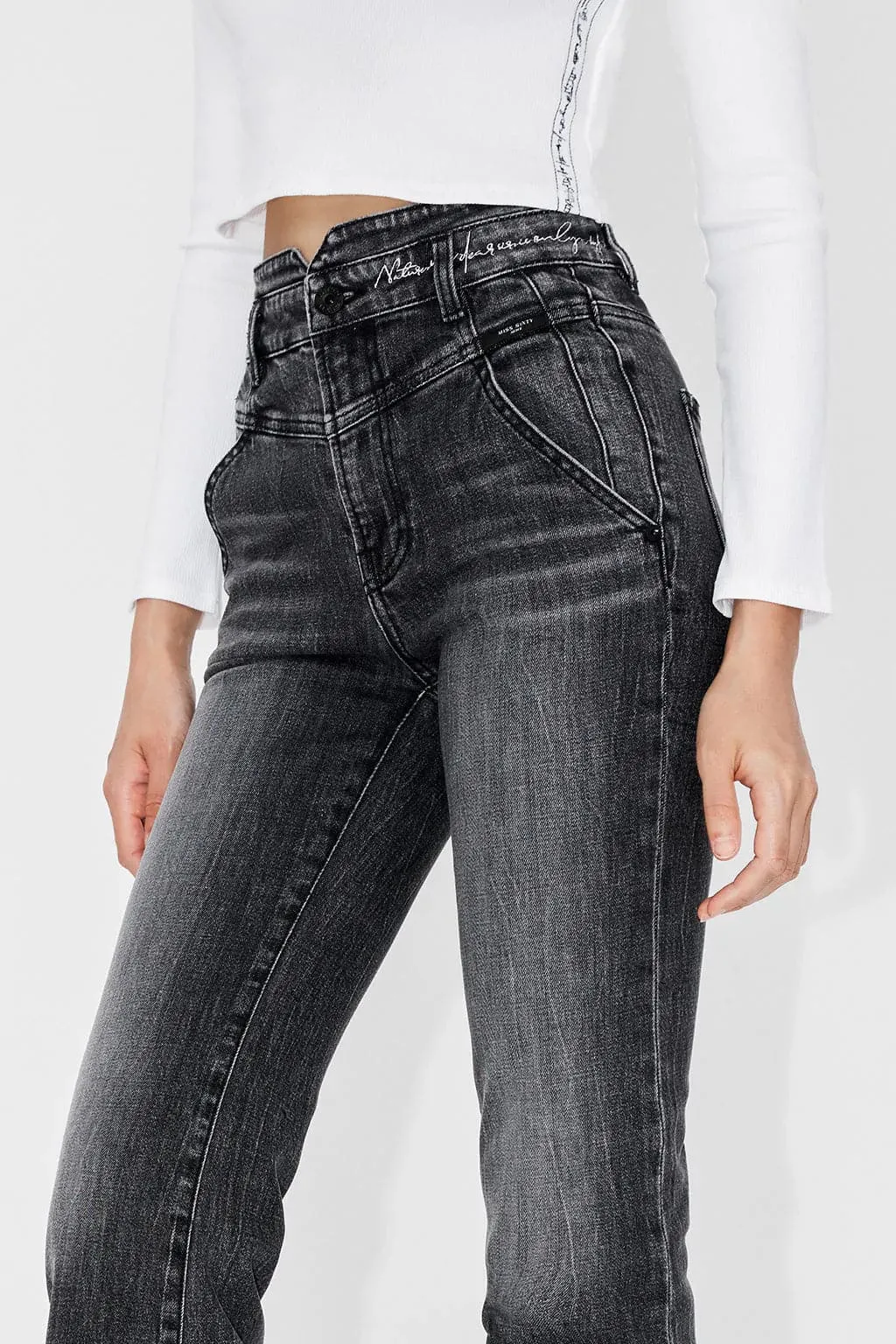 V Shape Waist Embroidered Slight Flared Jeans